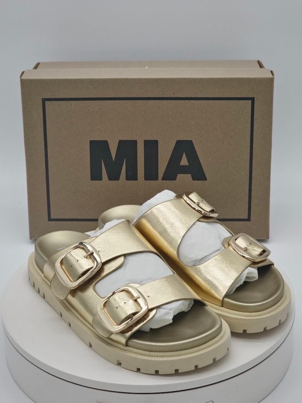 MIA Gen Gold Metallic Double Buckle Lug Sole Slide Sandals Women’s Size 9